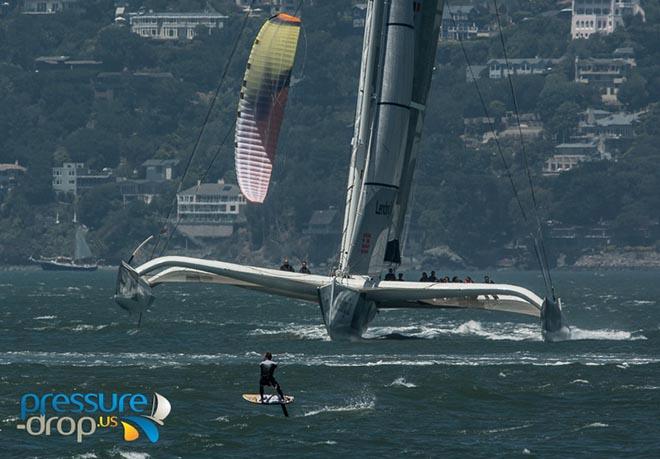 The maxi trimaran Lending Club romps upon SF Bay and lines up with Joey Pasqualie © Pressure Drop . US